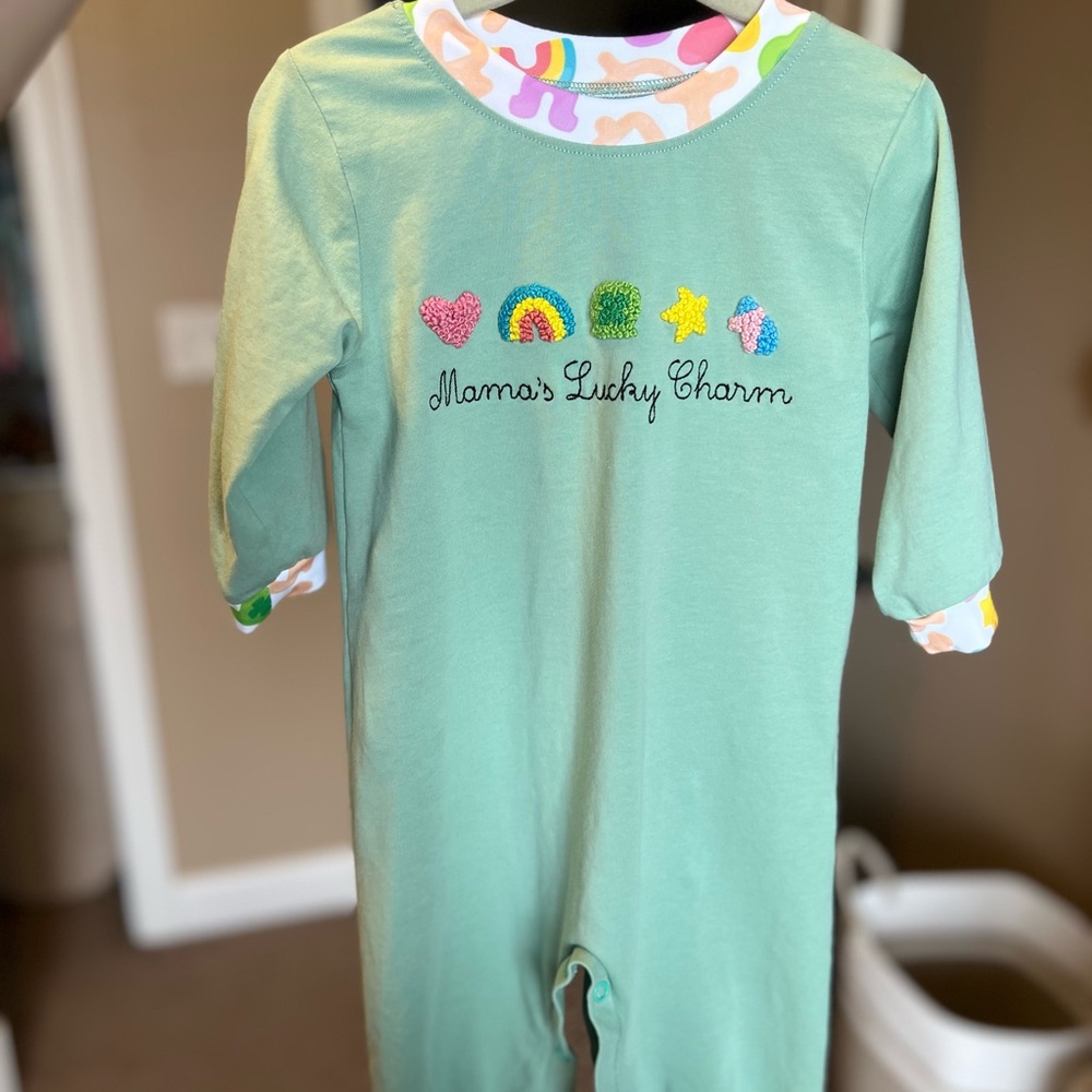 French Knot Mama's Lucky Charm Romper - Green